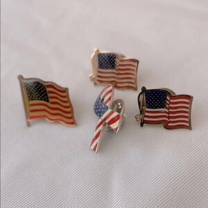 Vintage Patriotic Waving USA American Flag & Ribbon Enamel Pin Set